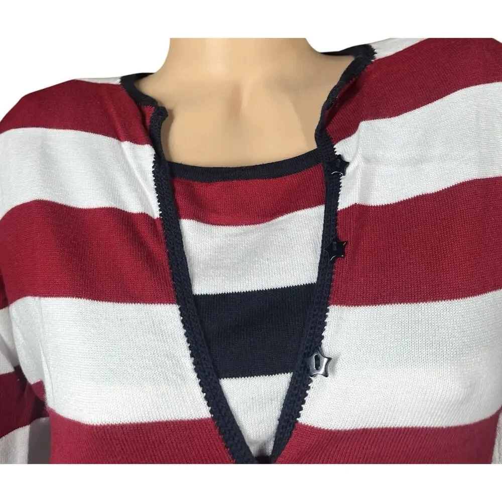 Vtg TALBOTS‎ Red White Blue Stars Stripes 2 Pc Cardigan Sweater Set Patriotic S